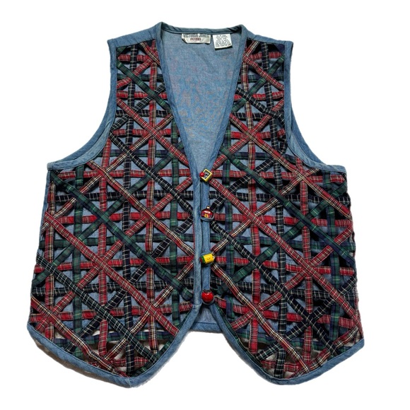 Vintage Jackets & Blazers - VTG Back To School Plaid Denim Cute Buttons Teacher Vest S